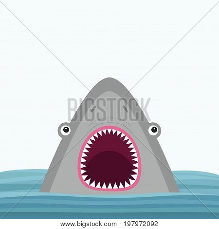 Shark head face with big open mouth and sharp teeth. Cute cartoon animal character. Baby card. Sea ocean wild animal. Water wave. Sticker print template. Flat design. White background Isolated. Vector