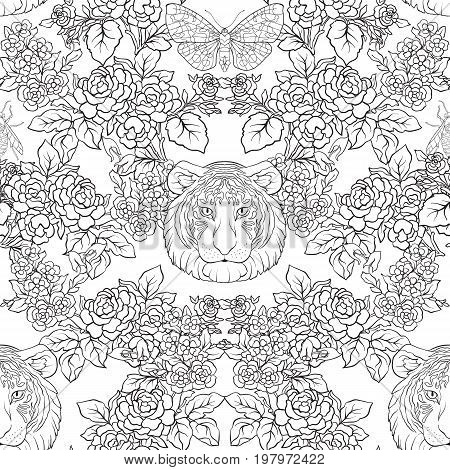 Seamless pattern, background with vintage style flowers and animals. Outline hand drawing coloring page for adult coloring book. Stock line vector illustration.