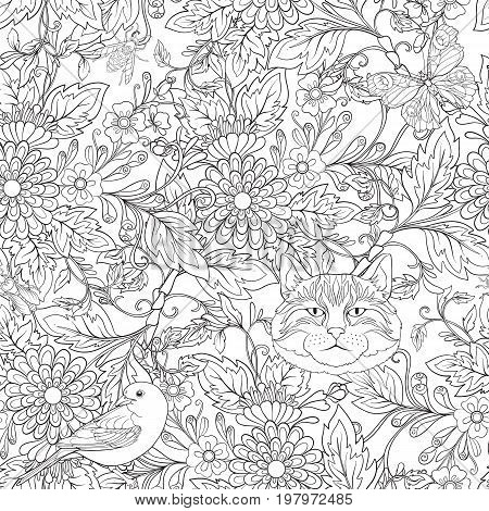 Seamless pattern, background with vintage style flowers and animals. Outline hand drawing coloring page for adult coloring book. Stock line vector illustration.