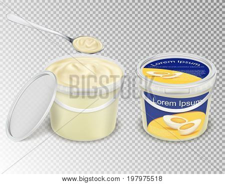 Vector realistic illustration, plastic transparent buckets with food - mayonnaise, sour cream, yogurt, sauce, ice cream, - and spoon scooping it up. Set containers, mok up pails with label and without