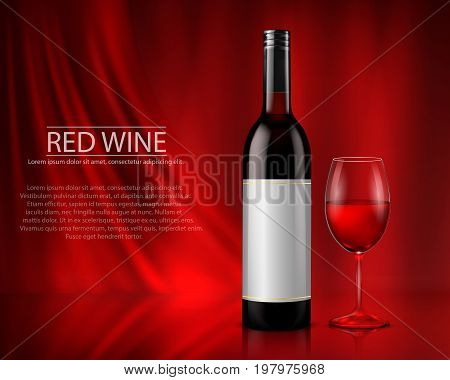 Vector illustration, bright realistic poster with glass wine bottles and glass with white or red wine. Template, moc up, layout for advertising, design, branding