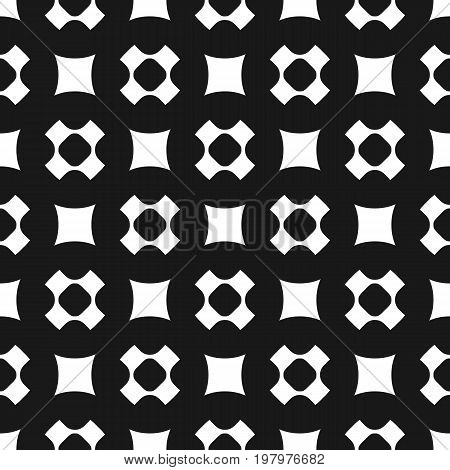 Seamless pattern, simple geometric texture with rounded shapes, squares, perforated crosses in staggered array. Dark abstract minimalist background. Design element for prints, covers, digital. Square pattern, cross pattern.