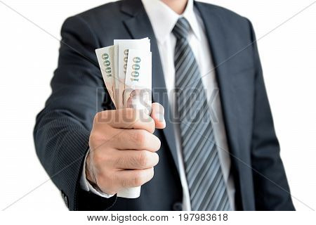 Businessman Hand Grabbing Money Thai Baht (thb) - Isolated On White Background