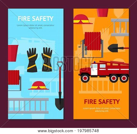 Firefighter Profession Equipment and Tools Banner Vecrtical Set. Flat Design Style. Vector illustration