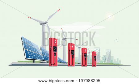Charging Station For Electric Car With Solar Panels And Wind Turbines