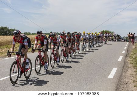Mailleroncourt-Saint-Pancras France - July 5 2017: The BMC Racing Team riding in front of the peloton on a road to La Planche des Belle Filles during the stage 5 of Tour de France 2017.