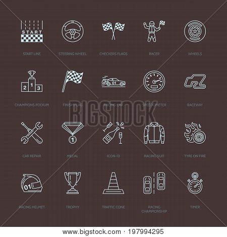 Car racing vector line icons. Speed auto championship signs - track, automobile, racer, helmet, checkers flags, steering wheel. Linear pictogram set with editable stroke for sport event, fan store.