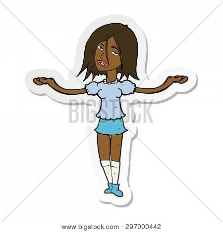 sticker of a cartoon woman shrugging shoulders