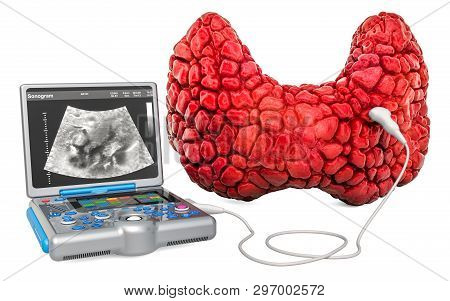 Thyroid Ultrasound Concept. Human Thyroid With Medical Ultrasound Diagnostic Machine, 3d Rendering I