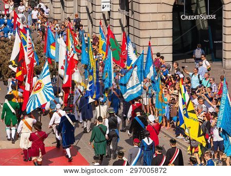 Zurich, Switzerland - August 1, 2018: Participants Of The Parade Devoted To The Swiss National Day P