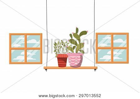 Cactus With Potted On Shelf Isolated Icon Vector Illustration Design