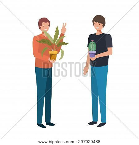Men With Houseplant Avatar Character Vector Illustration Design