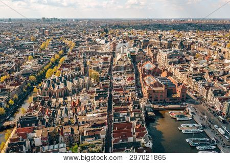 April 10, 2019. Amsterdam, Netherlands. Beautiful Aerial View Of The Beurs Van Berlage Building In A