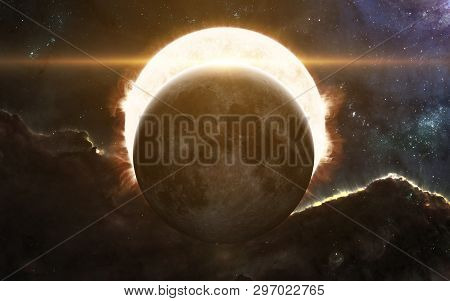 Solar Eclipse. Moon And Sun, Solar System. Science Fiction Art. Image In 5k For Desktop Wallpaper. E