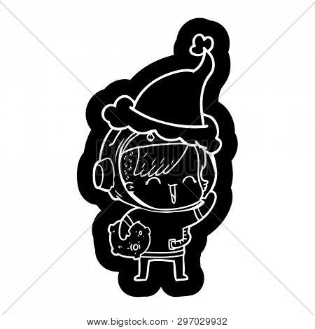 quirky cartoon icon of a happy spacegirl holding moon rock wearing santa hat