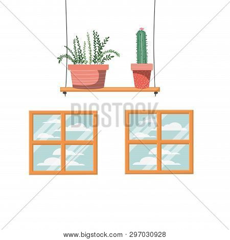 Cactus With Potted On Shelf Isolated Icon Vector Illustration Design
