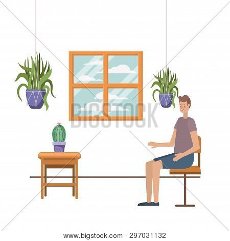 Man Drinking Coffee In The Living Room Vector Illustration Design