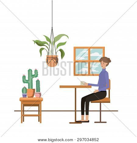 Woman Drinking Coffee In The Living Room Vector Illustration Design