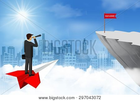 Businessman Standing Holding Binocular On Paper Airplane Go To Flag Red On Cliff Obstacle. Go To Goa