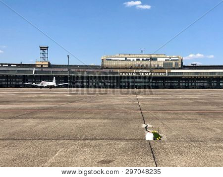 BERLIN, GERMANY - APRIL 18, 2019: The terminal building at Templehof Airport, which closed all operations on 30 October 2008, and is now a recreation space close to the centre of Berlin, Germany.