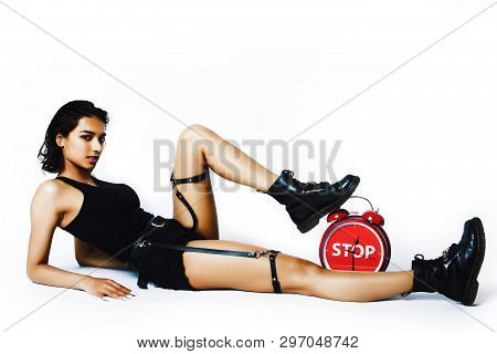 Young Pretty Indian Girl With Red Alarm Clock Posing Cheerful On White Background Isolated, Sexy Mod