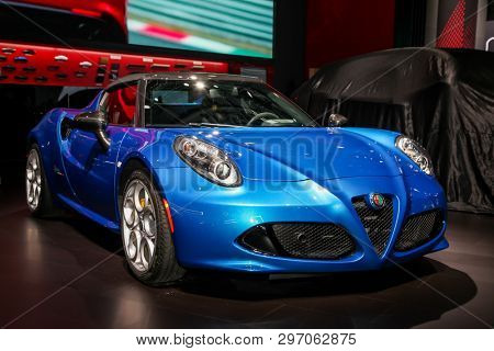 NEW YORK, NY, USA - APRIL 17, 2019: Alfa Romeo 4C Spider at the New York International Auto Show 2019, at the Jacob Javits Center. This was Press Preview Day One of NYIAS