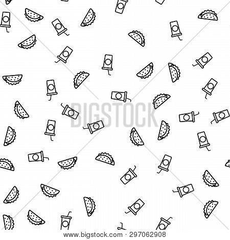 Fast Food And Drink Eating Theme Seamless Pattern. Geometric Vector Unhealthy Food Snacks Black Text