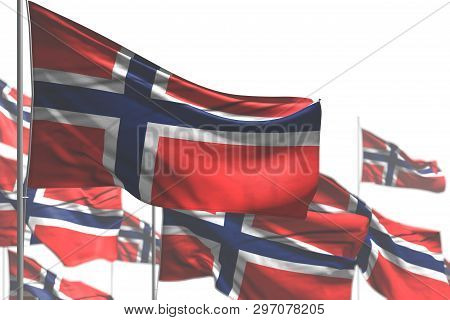 Pretty Many Norway Flags Are Waving Isolated On White - Image With Bokeh - Any Celebration Flag 3d I
