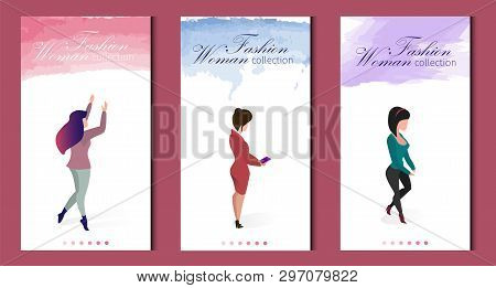 Set Written Fashion Woman Collection Seasonal Sale. Lettering Colored Watercolor Brush Stroke. Verti
