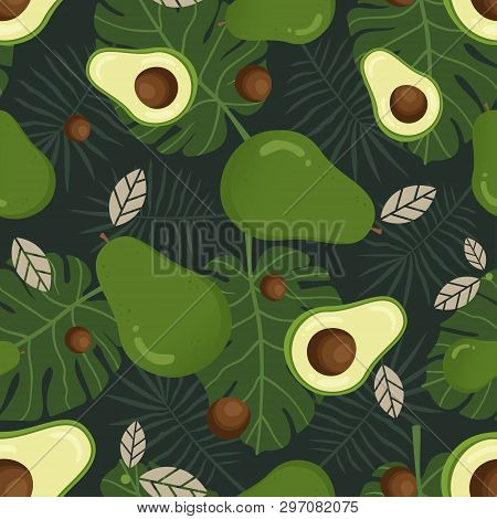 Avocado Seamless Pattern. Whole And Sliced Avocado With Leaves. Vector Illustration Of A Seamless Pa