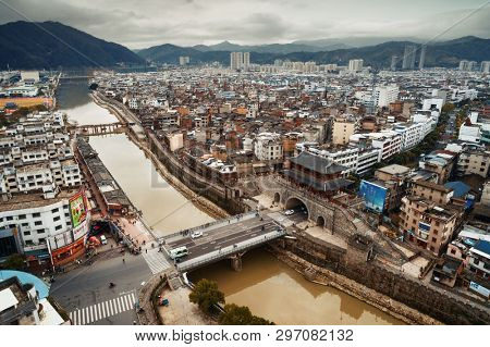 FUJIAN, CHINA â MARCH 2, 2018: Aerial view with historic architecture in Changting city in Fujian, China. 