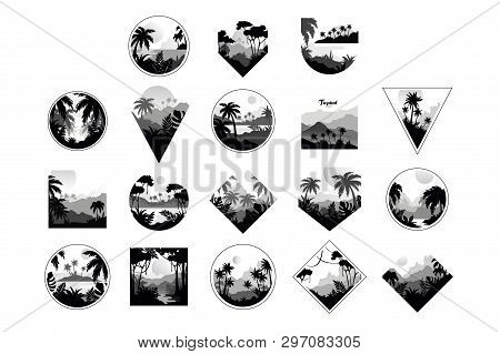 Collection Of Monochrome Geometric Tropical Logo, Badges With Tropical Trees, Retro Style Design For