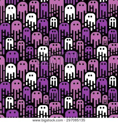 Cute Cartoon Ghosts On A Black Background. Vector Seamless Pattern. Use In The Design Of Halloween O