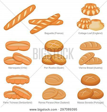 Baguette Cottage Loaf And Famous Unique Bread Of Countries Set