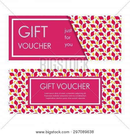 Gift Voucher Template. Front And Back Side With Text Information In Red Frame On Red Leaves Pattern 