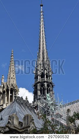 Paris, France, 10 Aug 2018. Notre Dame Spire (la Fleche) And Lead Clad Wooden Roofs Before The Fire.