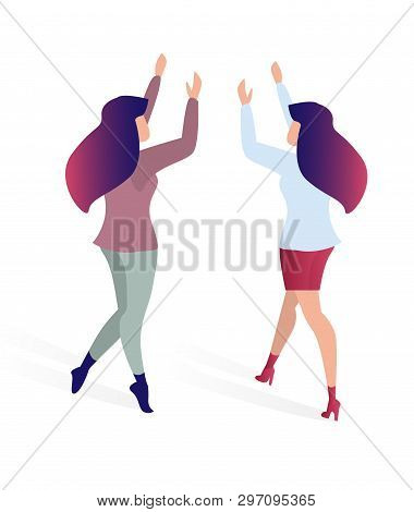Joyful Meeting Friends Flat Vector Illustration. On Left Beautiful Woman In Casual Pants, Girl Dress