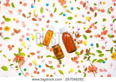 Recreational Drugs Conceptual Flat Lay Top View Of Various Medication On Colorful Background