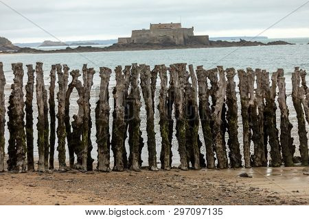 Big Breakwater, 3000 Trunks To Defend The City From The Tides, Plage De L Eventail Beach In Saint-ma