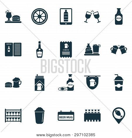 Beverages Icons Set With Case Of Beer, Hanging Banner, Cognac And Other Chacha With Ice Elements. Is