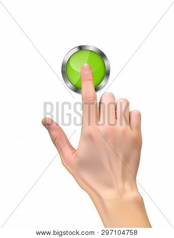 Realistic 3d Silhouette Of  Hand With Inger Pressing A Green Start Button On White Background.  Illu