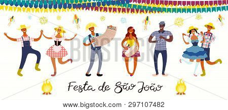 Festa Junina Banner With Dancing People, Musicians, Lanterns, Portuguese Text Festa De Sao Joao. Iso