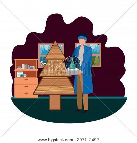 Young Man With Crystal Ball In Livingroom Vector Illustration Desing