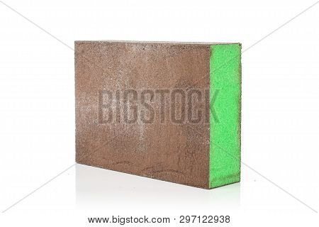 One Whole Green Brown Abrasive Block Sponge Work Item Isolated On White Background