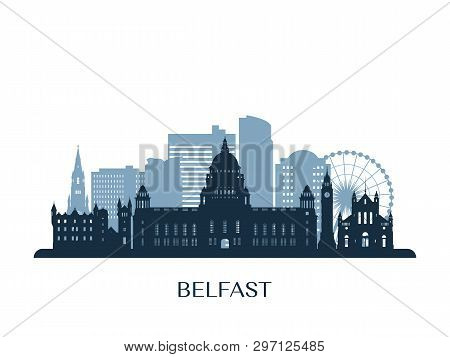 Belfast Skyline, Monochrome Silhouette. Design Vector Illustration.