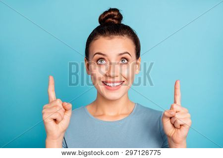 Close Up Photo Beautiful She Her Lady Hold Arms Hands Fingers Indicate Look Up Empty Space Propositi