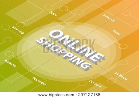 Online Shopping Isometric 3d Word Text Concept With Some Related Text And Dot Connected - Vector Ill