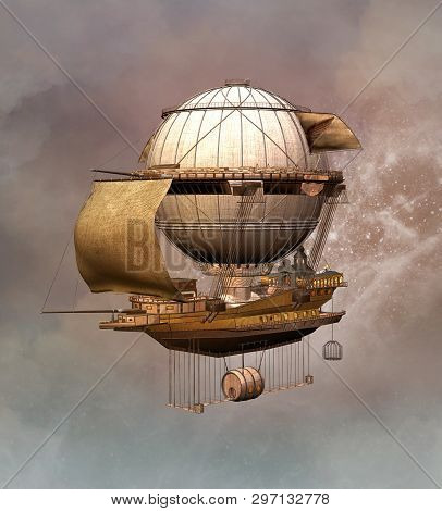 Vintage Steampunk Airship In A Cloudy Sky Scenery - 3d Illustration