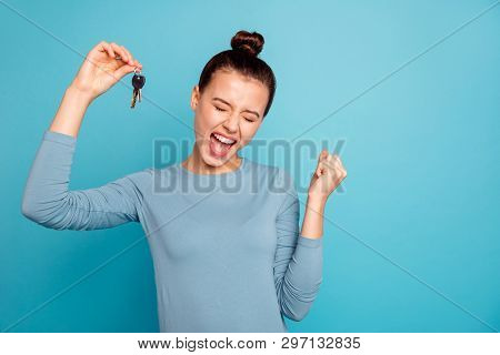 Portrait Of Delighted Lady Luck Lucky Triumph Raise Fists Close Eyes Content Rejoice Scream Shout Ye