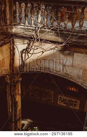 Old Church In The Gothic Quarter Of Barcelona. It Is Aslo Called As Barri Gotic.